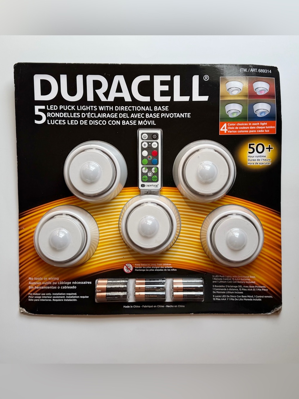 Duracell 5 LED Puck Lights Directional Base Remote Control Wireless ~ NEW SEALED